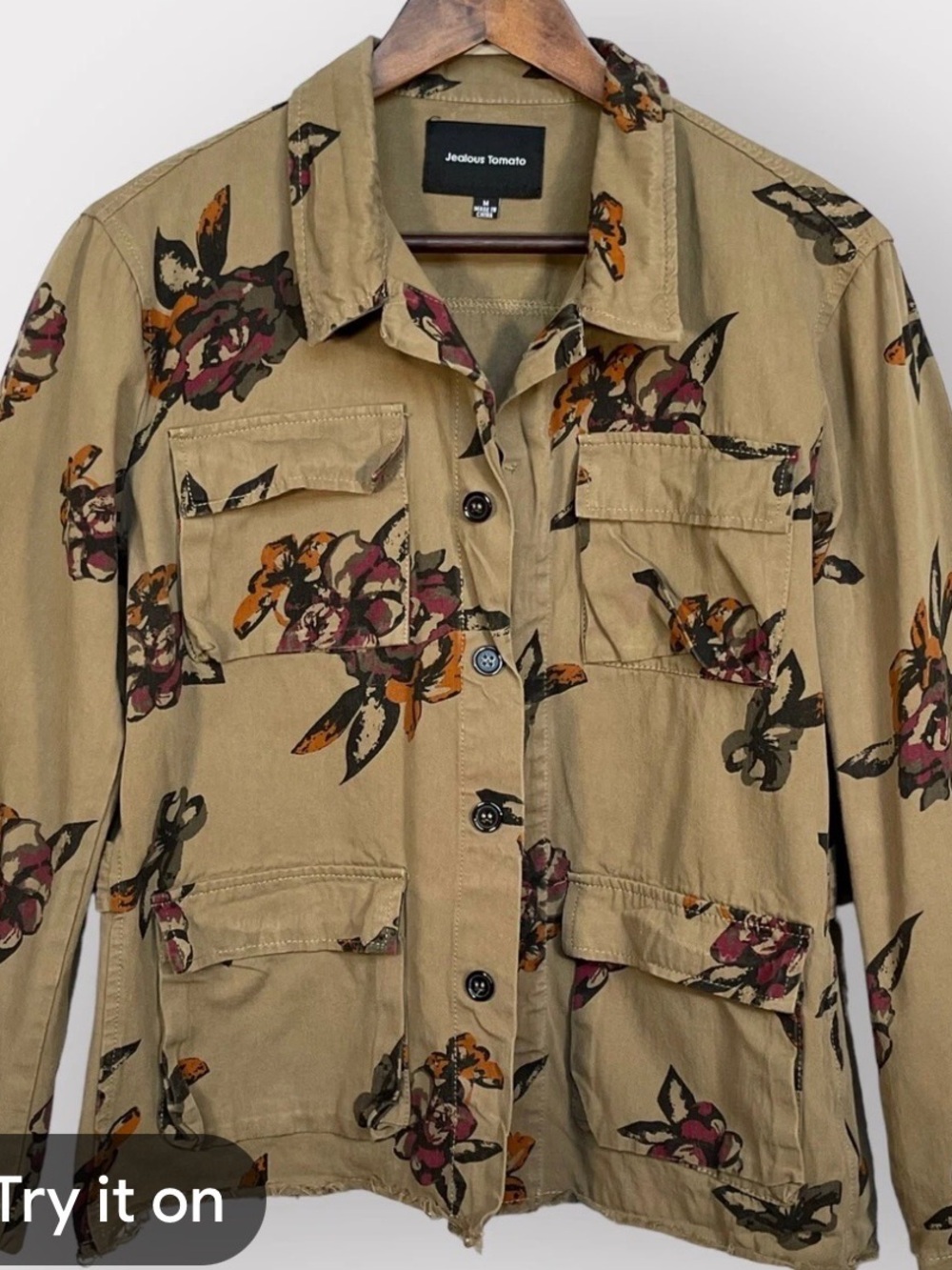 Jealous Tomato Tan Floral Utility Jacket with Rust & Burgundy Accents